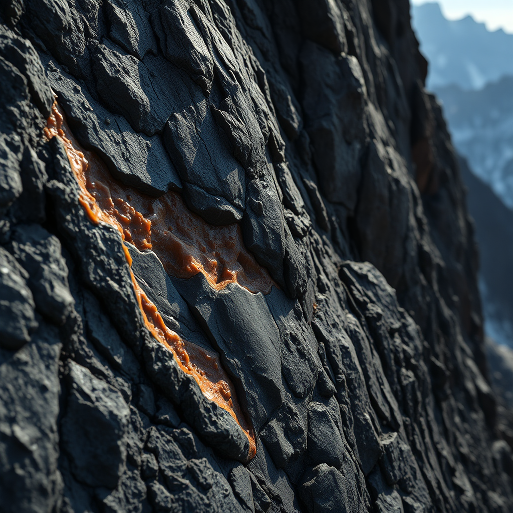 Create a photorealistic image showing a close-up view of Shilajit resin forming on a rocky mountain face. Focus on the texture and color variations within the resin, from dark brown to almost black. The background should subtly hint at the vastness of the mountain range. Lighting should be dramatic, emphasizing the natural process. Resolution: 4K.