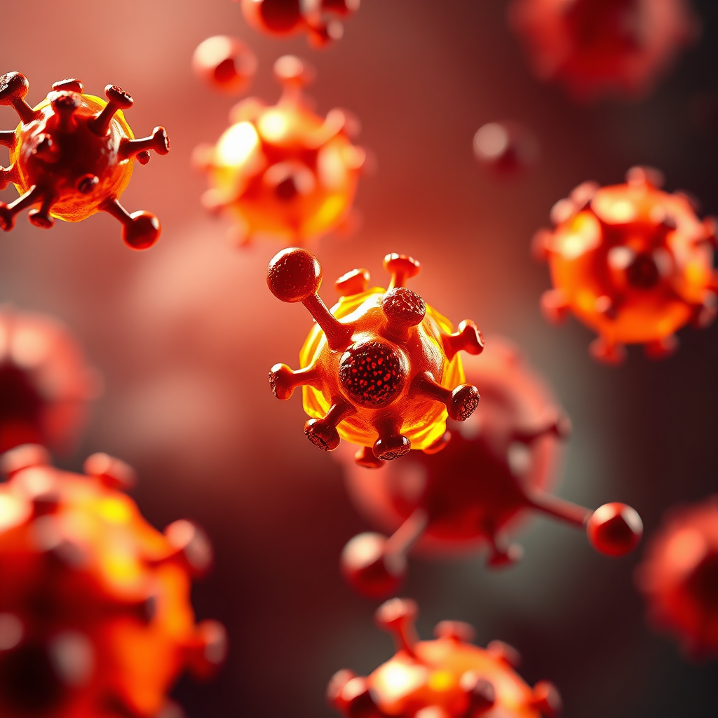 Create a stylized image depicting shilajit's antioxidant properties. The image should show shilajit molecules neutralizing free radicals, protecting cells from damage. Use dynamic lighting and vibrant colors to represent the antioxidant process. Resolution: 4K.