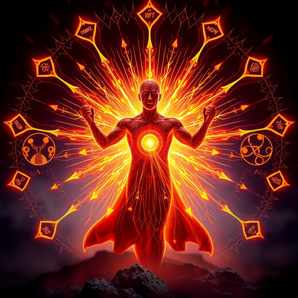 Create a stylized image representing the potential benefits of shilajit. The image should depict a glowing figure radiating energy, surrounded by symbols representing enhanced cognitive function, vitality, and antioxidant protection. Use vibrant colors and dynamic lighting. Resolution: 4K.