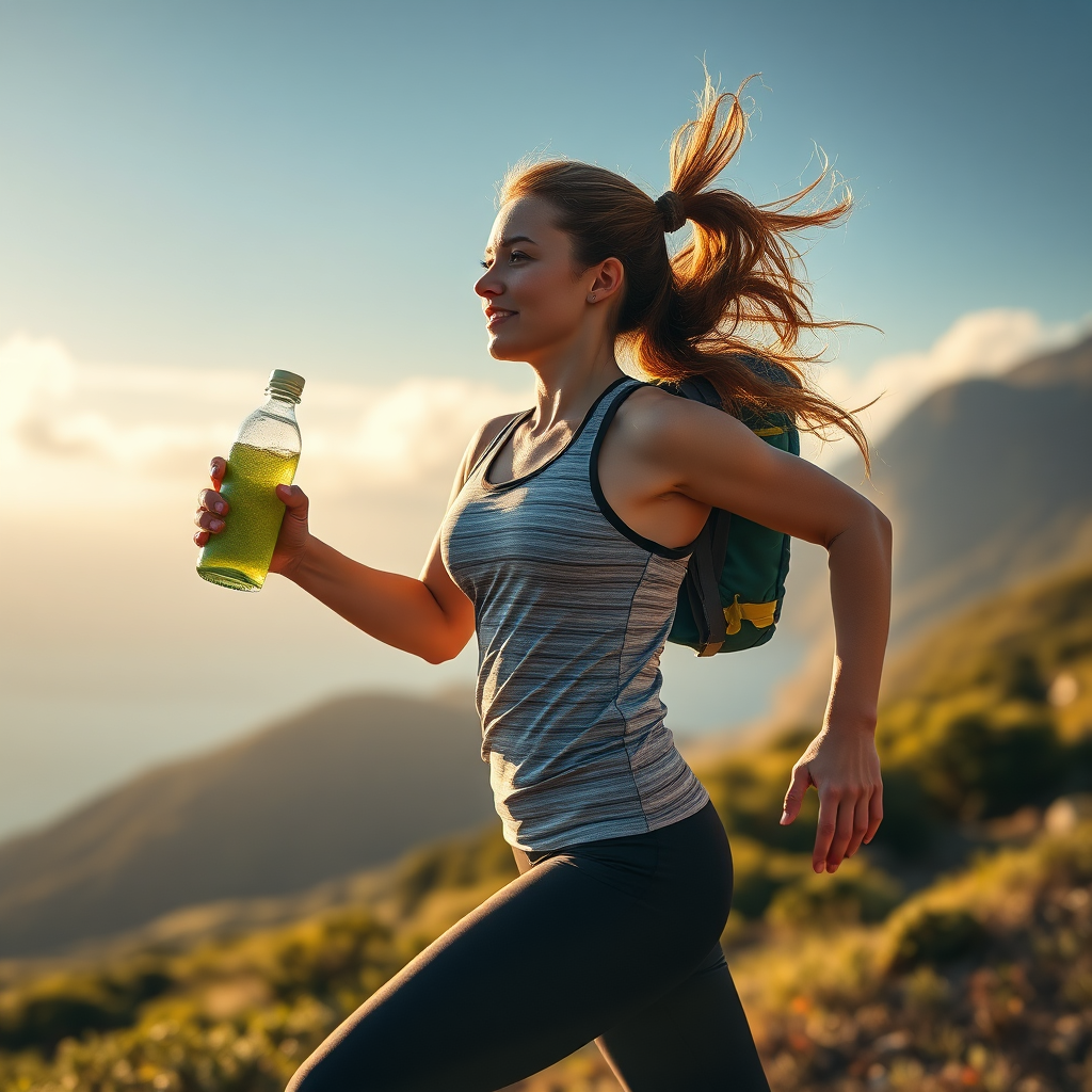 Create a vibrant and photorealistic image representing the energy-boosting properties of sea moss. Depict a person engaged in a high-energy activity, such as running or hiking, with a visible aura of energy radiating from them. Incorporate subtle visual cues suggesting sea moss consumption, such as a bottle of sea moss-infused water in their hand or a small container of sea moss gel. The lighting should be bright and dynamic, emphasizing the person's movement and vitality. The background should be a scenic outdoor setting. The camera angle should be medium-shot, capturing the person's full body and energetic posture. Aim for a hyperrealistic style with crisp details, conveying a sense of natural energy and enhanced performance.