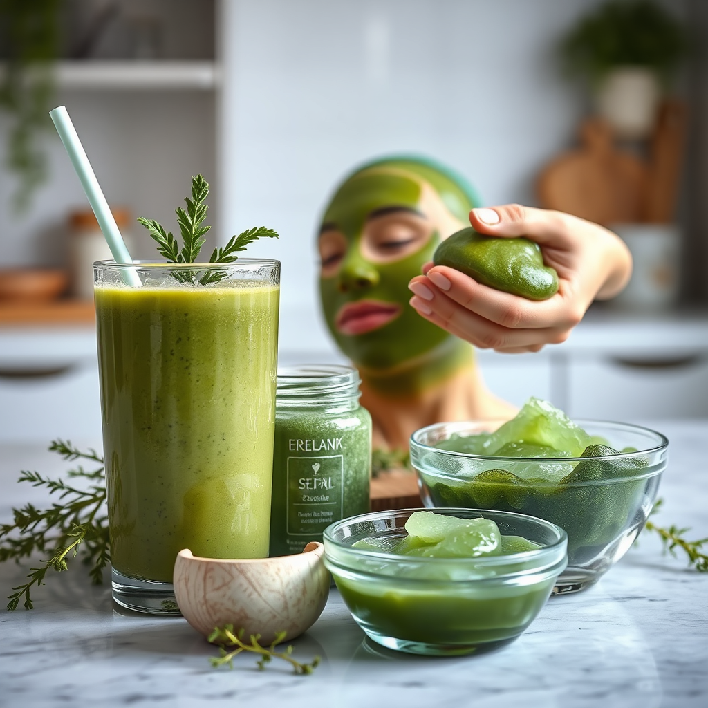 Create a visually appealing and photorealistic image showcasing a variety of products made with sea moss. Include a smoothie with a vibrant green color, a skincare product (such as a face mask) being applied to skin, and a bowl of sea moss gel. Arrange these items in a visually balanced and inviting composition. The lighting should be soft and natural, highlighting the texture and freshness of each product. Use a shallow depth of field to draw attention to the key items. The background should be a clean and modern kitchen setting. The camera angle should be slightly elevated, providing a clear view of all the products. Aim for a hyperrealistic style with sharp details, conveying the versatility and practicality of using sea moss in everyday life.