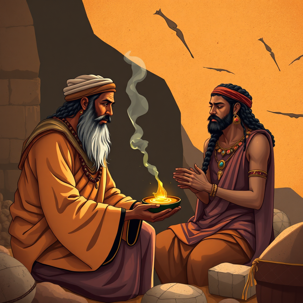Illustrate a stylized image depicting an ancient healer offering Shilajit resin to a patient. The scene should evoke a sense of historical wisdom and natural healing practices. Use warm, earthy tones and soft lighting. Style reference: Ancient mural art. Resolution: 4K.