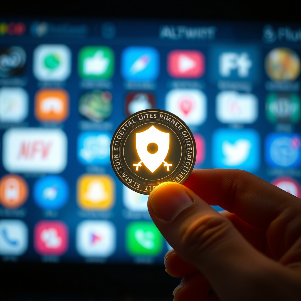 A close-up photorealistic image showing a hand holding a digital coin with a VPN icon on it, against a blurred background of online activity. The coin is glowing softly, symbolizing the power to control online privacy. The lighting is soft and warm, highlighting the details of the coin. The background depicts various apps and websites fading into the distance. Technical Specs: 4K, focus on the coin, shallow depth of field.