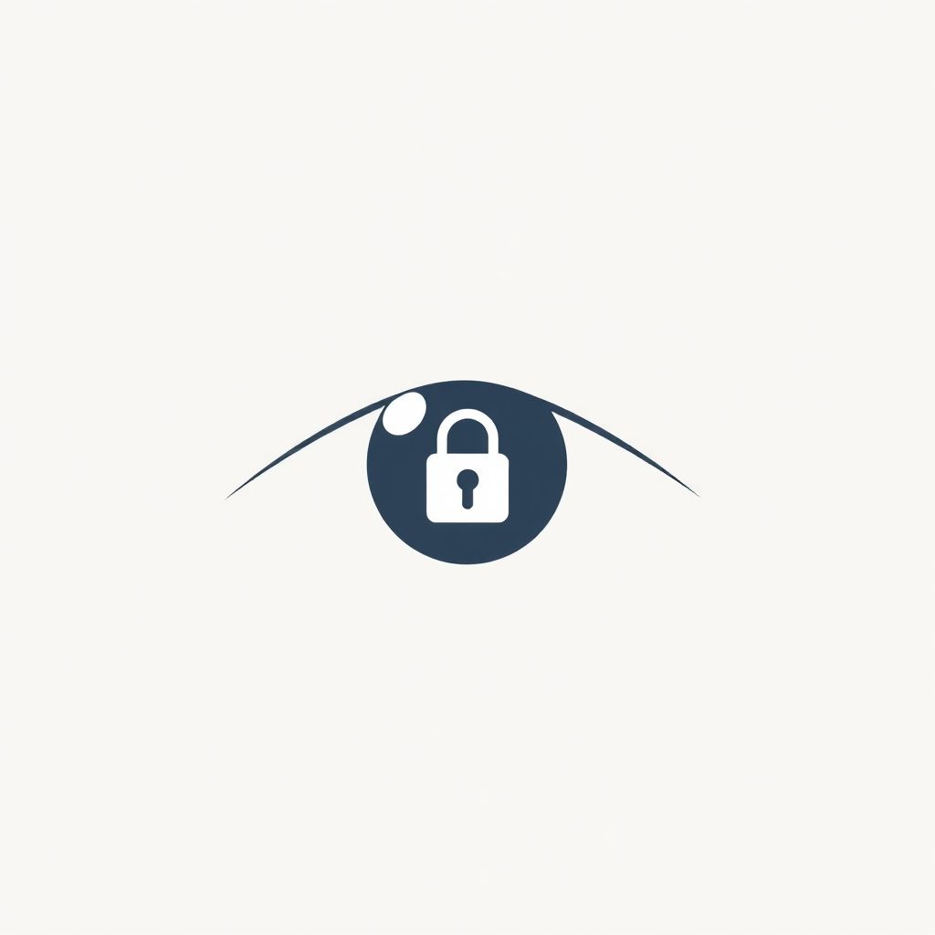 A minimalist image of an eye with a subtle lock icon inside the pupil, symbolizing privacy. The background is a soft, neutral color. Technical Specs: 4K, minimalist vector art.