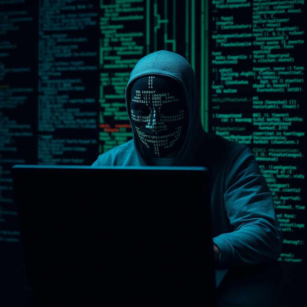 A photorealistic image featuring a person browsing on a laptop, but their face is obscured by a digital mask. The background shows code and data streams flowing around them, representing encrypted data. Dark, cool lighting. Technical Specs: 4K, focus on the laptop and code.