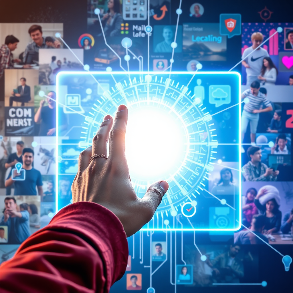 A photorealistic image of a person reaching towards a bright, glowing screen that represents the internet. The background shows diverse scenes of learning, communication, and creativity. Technical Specs: 4K, bright and vibrant colors.