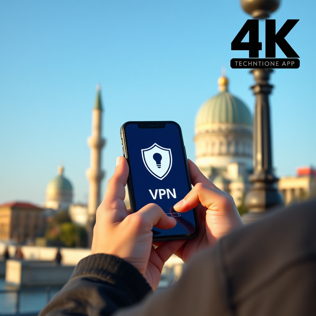 A photorealistic image of a person using a smartphone in a foreign country, with a VPN icon displayed on the screen. The background shows a famous landmark of that country. Technical Specs: 4K, focus on smartphone.