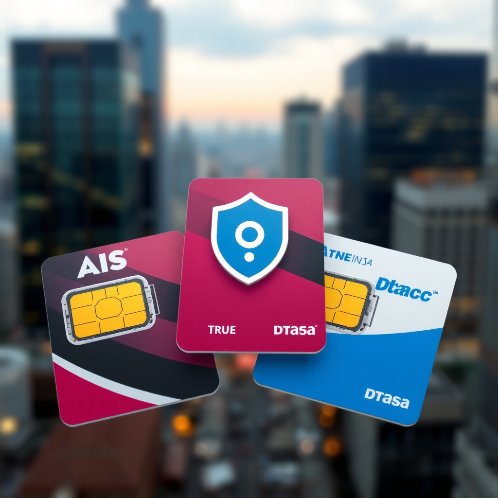 A photorealistic image of three SIM cards (AIS, True, Dtac) with a VPN icon subtly overlaid on each, indicating compatibility. The background is a blurred cityscape. Technical Specs: 4K, focus on SIM cards.