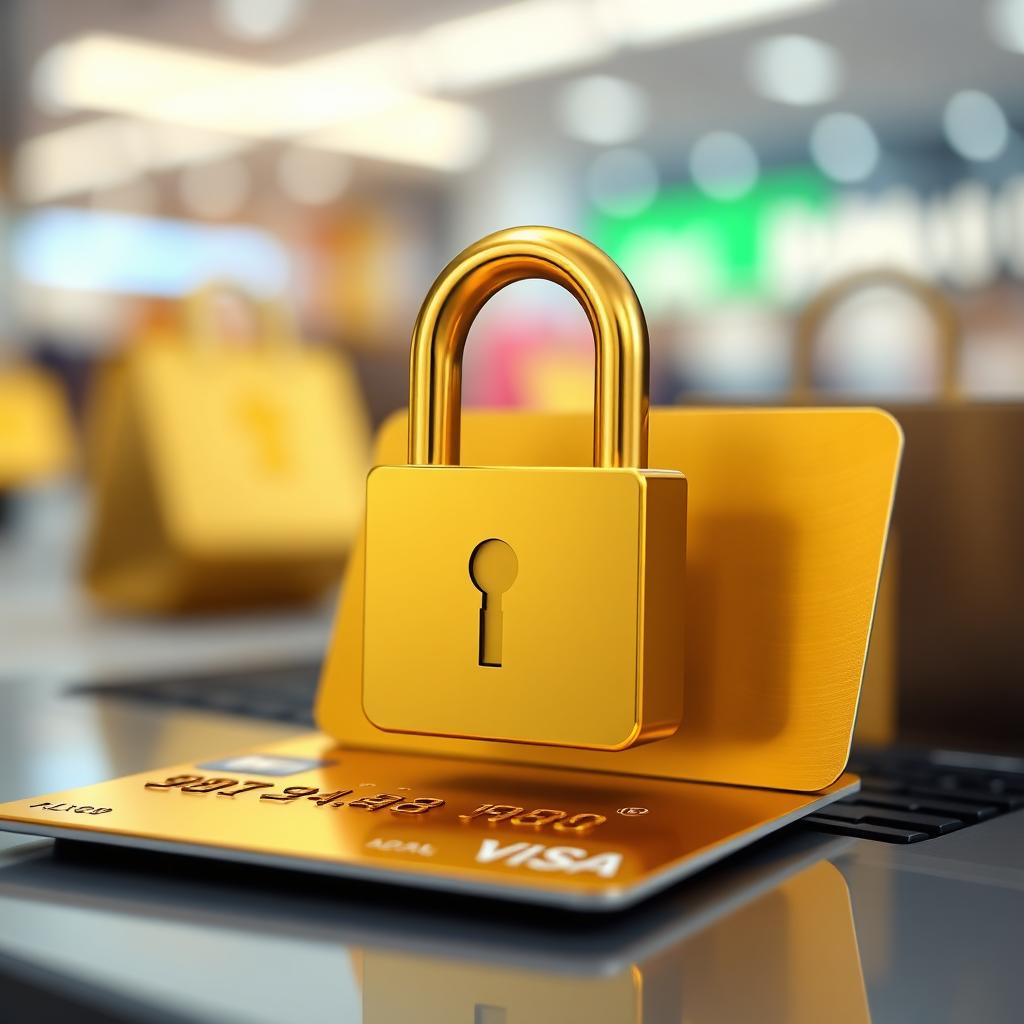 A photorealistic image showcasing a padlock icon overlaying a credit card, symbolizing secure transactions. The background is a blurred scene of online shopping. Use a golden, sleek design. Technical Specs: 4K, focus on padlock and credit card.