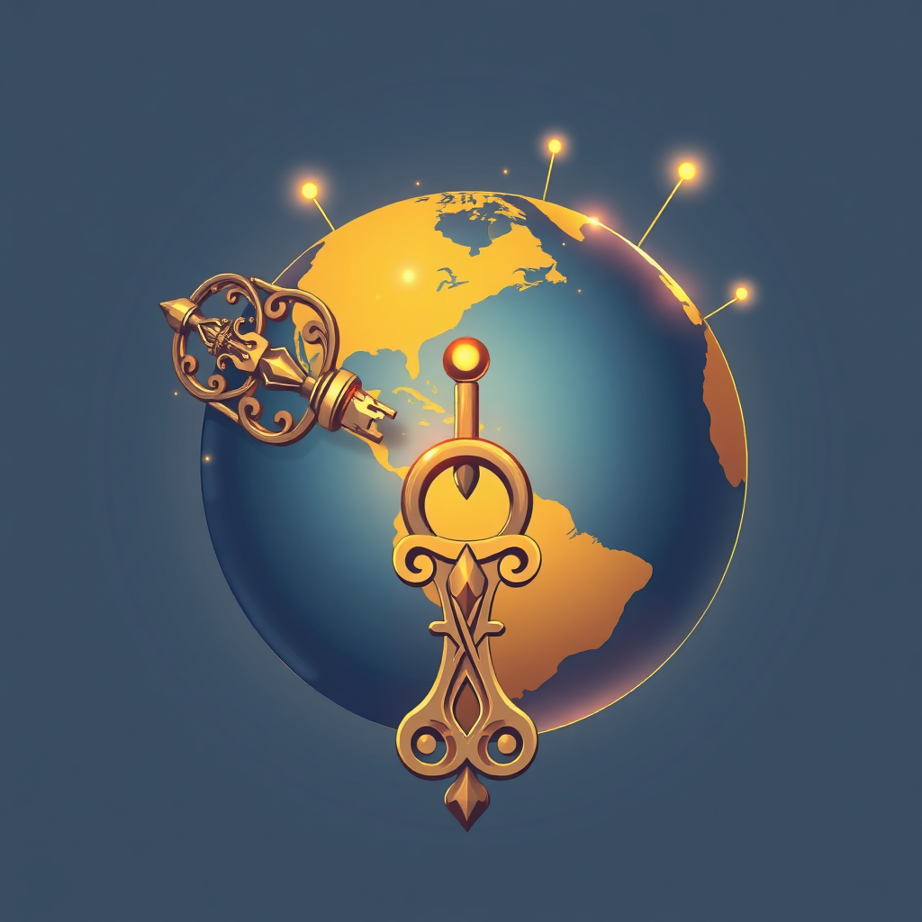 A stylized illustration of a key unlocking a globe. The key is ornate, and the globe is glowing with various points of light indicating connectivity. Technical Specs: 4K, vector art.