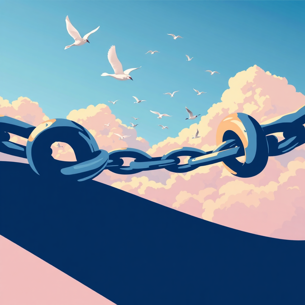 A stylized image of a broken chain, symbolizing the breaking free from internet restrictions. Behind the broken chain, there is an open sky with birds flying. The color palette is vibrant and uplifting. Technical Specs: 4K, stylized vector art.