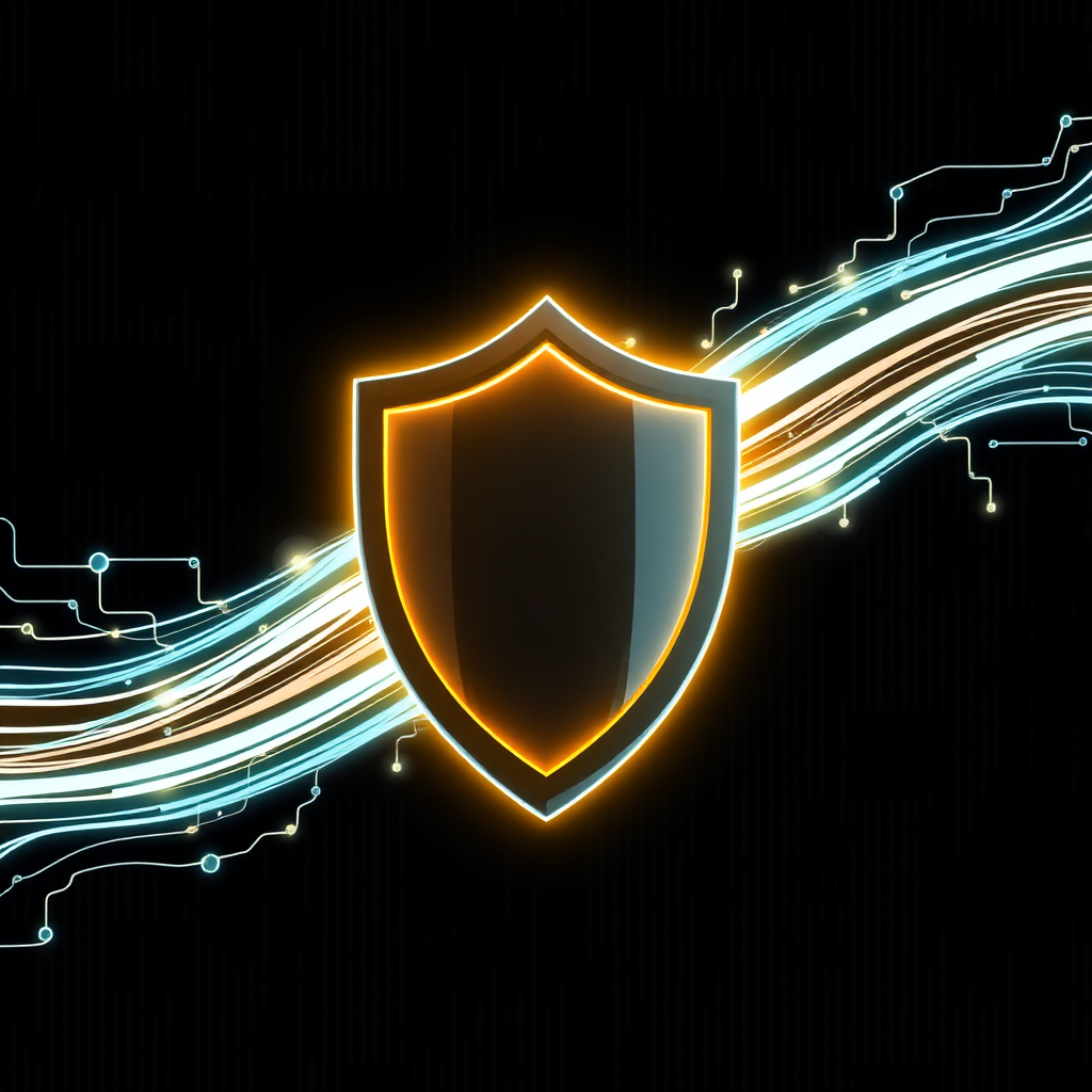 A stylized image of a shield with data streams flowing behind it, representing data protection. The shield has a glowing aura. The background is a dark, abstract pattern. Technical Specs: 4K, digital art.