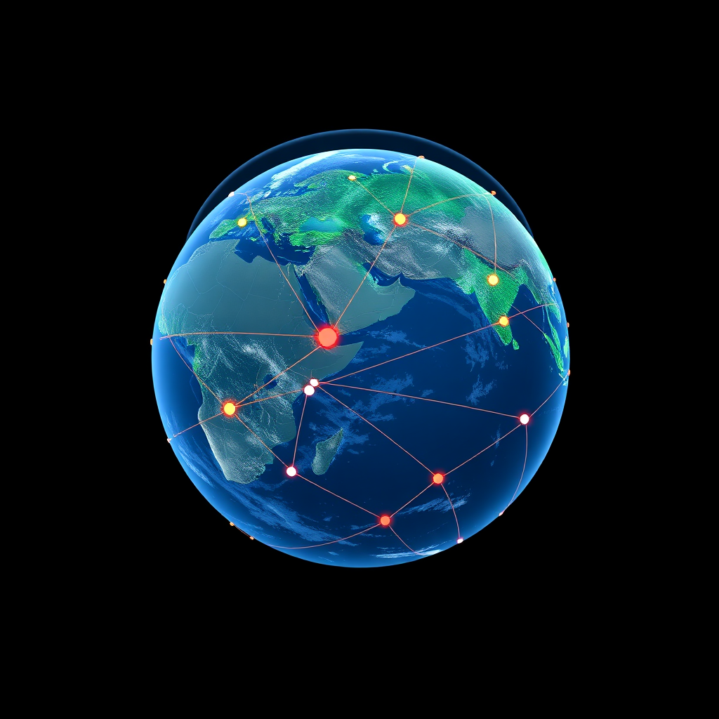 A stylized image of the Earth, with interconnected lines representing data streams connecting various countries. The Earth has a subtle, protective shield around it. Use a globe map with thin colorful lines connecting several points across continents. Technical Specs: 4K, Globe 3D Render.