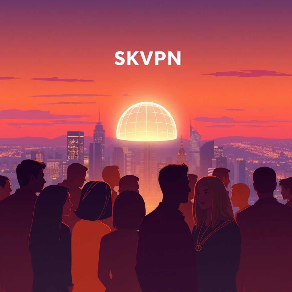 A stylized image representing SKVPN's commitment to digital security. The scene features a diverse group of people from different backgrounds, silhouetted against a vibrant cityscape at dusk. Overlaid on the city is a glowing, protective dome representing the VPN. The lighting is warm and inviting, with a focus on the dome's radiant glow. The color palette consists of oranges, purples, and deep blues. The camera angle is a medium shot, capturing the connection between the people and the protective dome. Texture details include subtle gradients in the sky and city lights reflecting off the dome. The environment suggests a connected and secure world. The image should evoke feelings of community, protection, and peace of mind. Style reference: Modern illustration with a touch of realism. Technical specs: 4K resolution, high quality rendering, subtle depth of field.