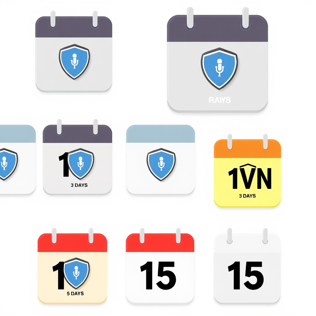 A stylized image showcasing various calendar icons with different time durations (3 days, 15 days, etc.). Each calendar icon has a VPN icon on it. Technical Specs: 4K, vector art.