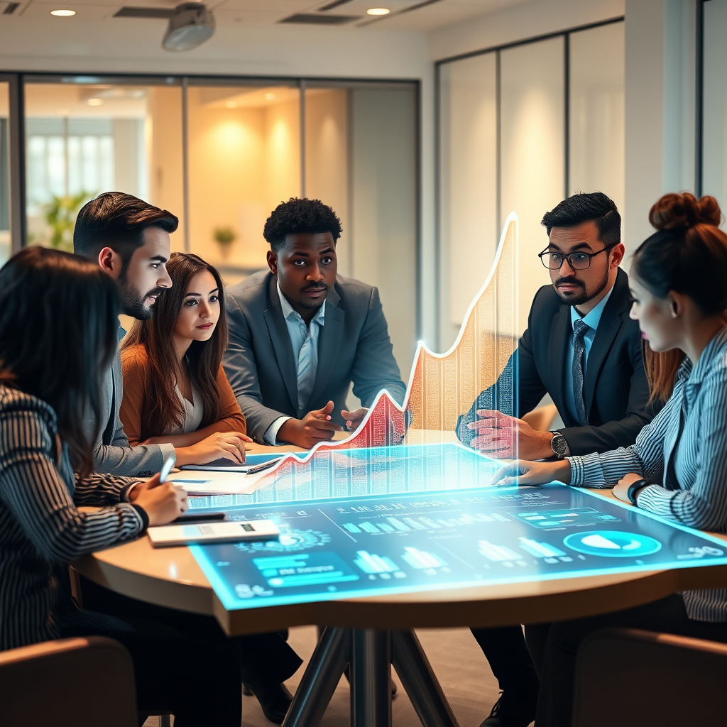 Business team analyzing AI growth charts