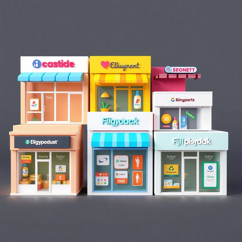 A 3D rendered image of various stylized storefronts, each with a unique design and branding. The storefronts are showcasing different digital products. The color palette is varied, reflecting the diversity of brands and products.