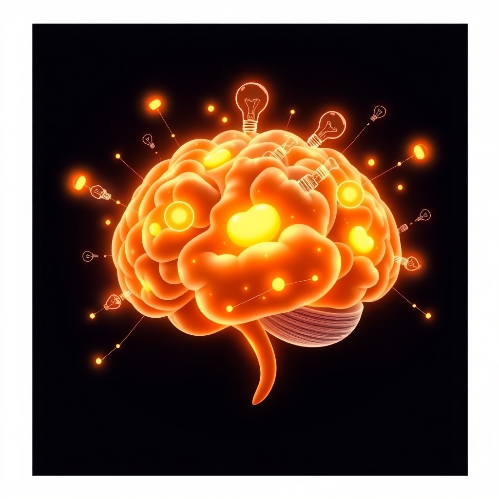 A brain filled with glowing ideas transforming into digital products, like ebooks and online courses. This symbolizes turning knowledge into profit.