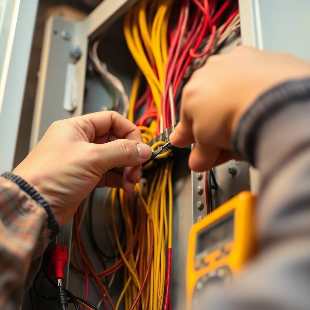 A close-up, photorealistic image of a technician's hands carefully adjusting wires inside an electrical panel. Focus on the precision and skill involved. The lighting should highlight the details of the wiring. The color palette should be warm yellows and grays. The camera angle is low, emphasizing the complexity of the task. Texture details should showcase the quality of the materials. The environment is clean and organized. Include props such as wire strippers and a multimeter. The style should be professional and precise.
