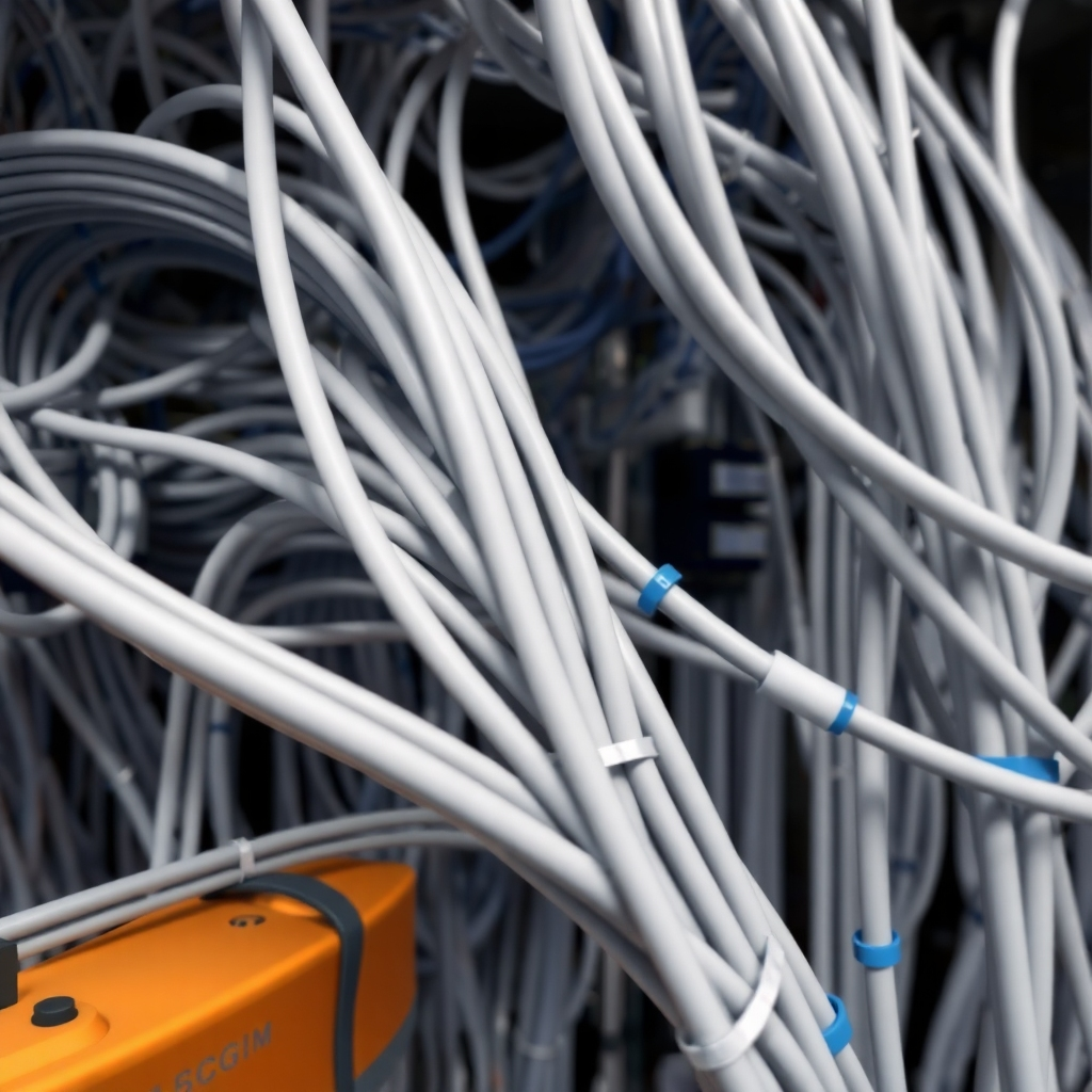 A close-up photorealistic image of various neatly organized electrical wires and cables being expertly installed in a structured cabling system. The lighting is bright and focused on the organized wires. The color palette should be neutral grays and blues. The camera angle is close to highlight the details. Texture details should showcase the smoothness and quality of the wires. The environment is clean and professional. Props include cable ties and labeling machines. The style should be professional and organized.