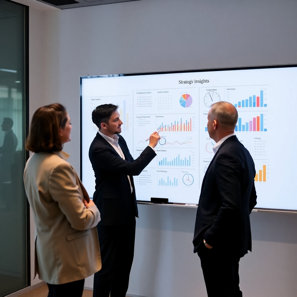  A consultant is presenting strategic insights to a business owner using a digital whiteboard with charts and graphs. Emphasize clear communication and data-driven decision-making. Use a modern, clean style.