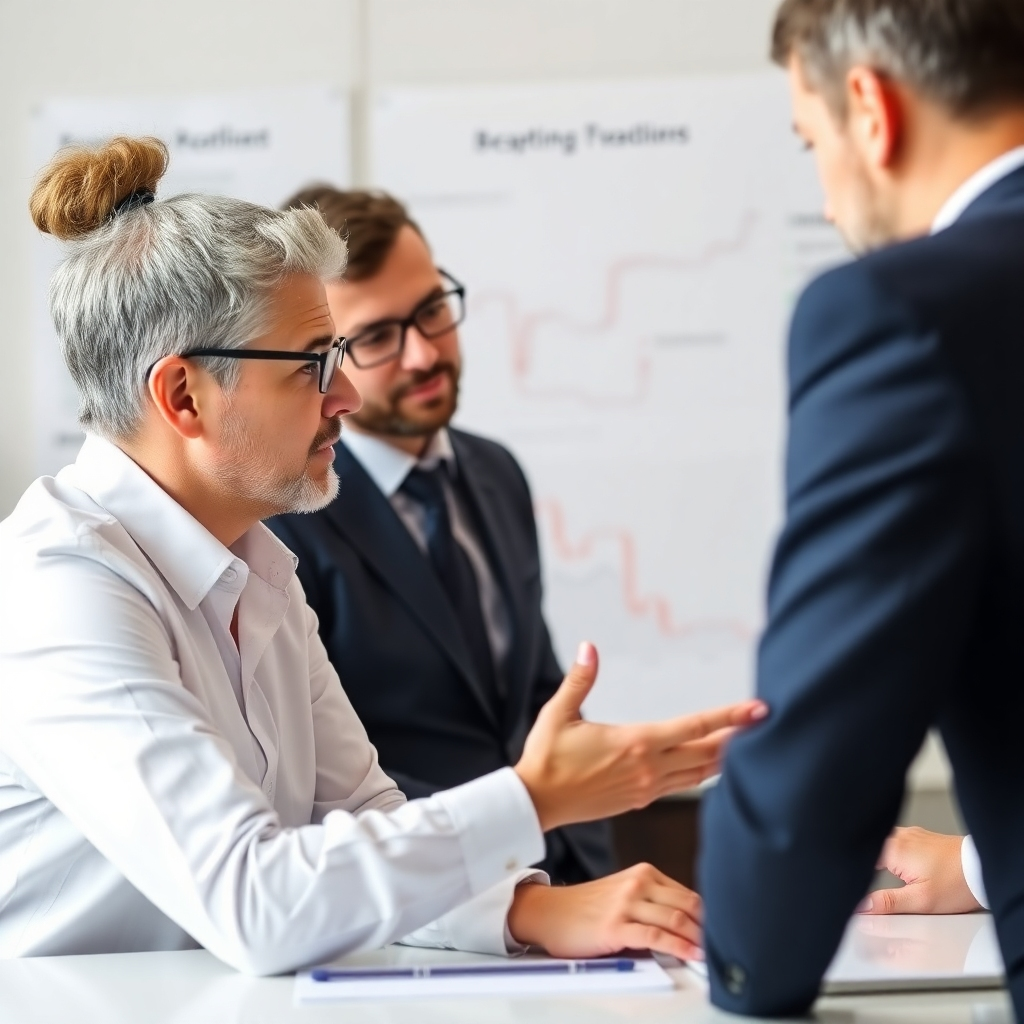 A consultant providing strategic guidance to a business owner, with a roadmap in the background. Use a professional and supportive style.