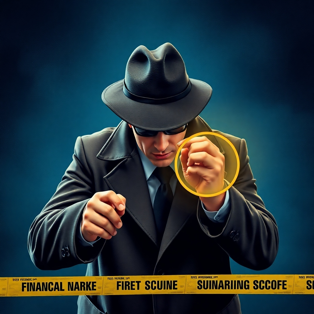  A detective investigating a financial crime scene, symbolizing fraud detection. Use a dramatic and investigative style.