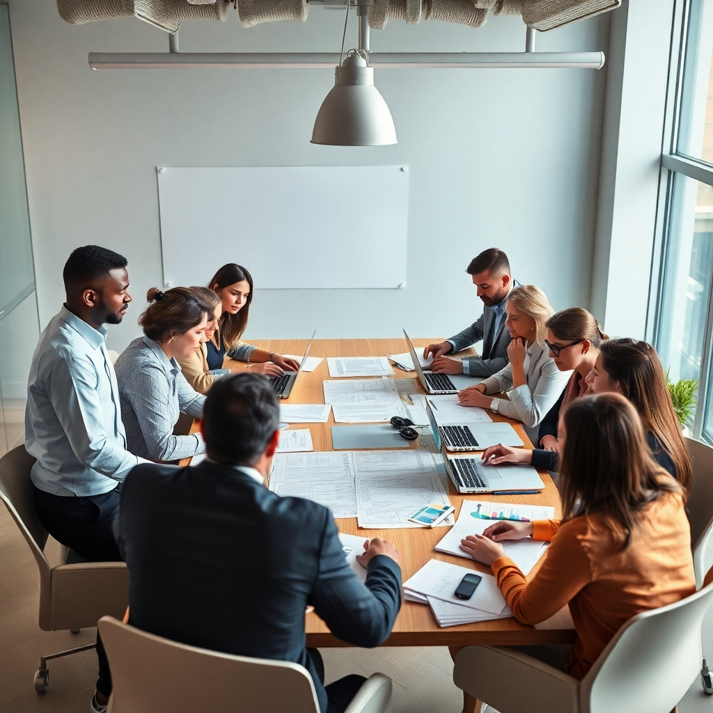  A diverse group of professionals are working collaboratively around a large table filled with documents and laptops. The focus is on teamwork and expertise. Use a photorealistic style with warm lighting to convey a sense of competence and partnership.