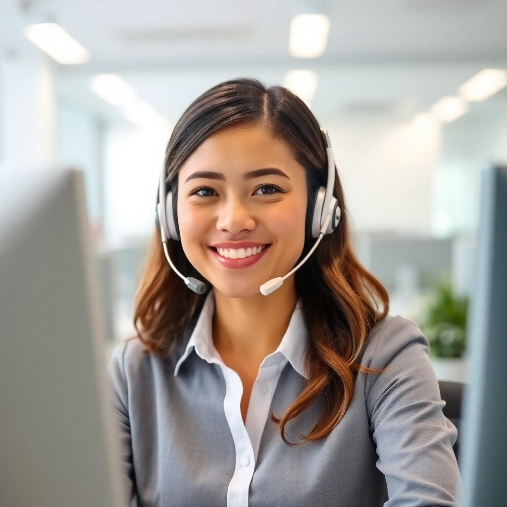 A friendly customer service representative answering a call in a well-lit, modern office. The focus is on providing excellent service. The lighting should be bright and professional. The color palette should be calming and inviting. The camera angle is medium, showing the representative's approachable demeanor. Texture details should emphasize the cleanliness and organization of the office. The environment is a professional call center. Props include a headset and a computer screen. The style should be modern and friendly.