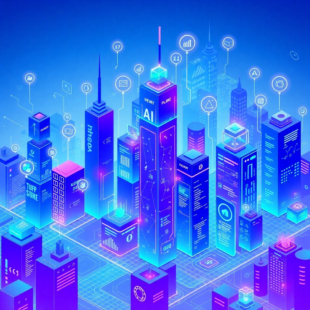 A futuristic cityscape composed of interconnected digital platforms, each representing a part of our service. The color palette is a blend of blues and purples, creating a sense of innovation and technology.