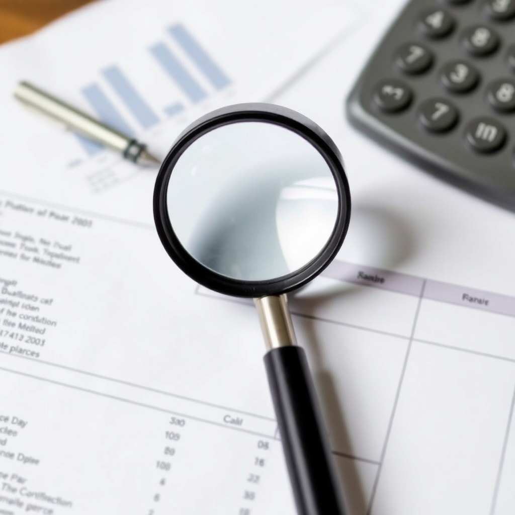 A magnifying glass over a detailed financial document, symbolizing accuracy and attention to detail. Use a professional and trustworthy style.