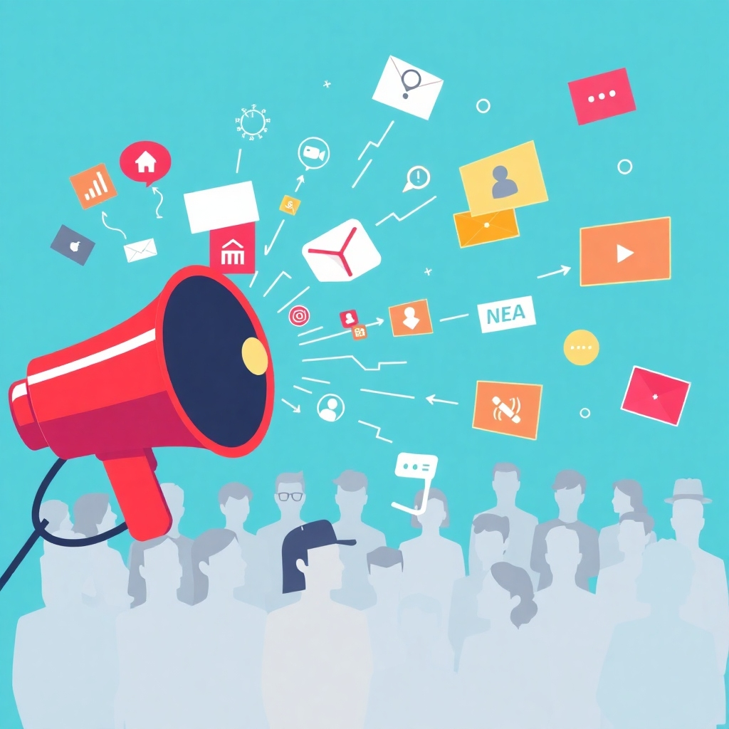 A megaphone blasting out data streams representing marketing messages reaching a global audience. The style is vibrant and energetic, reflecting the power of effective marketing.