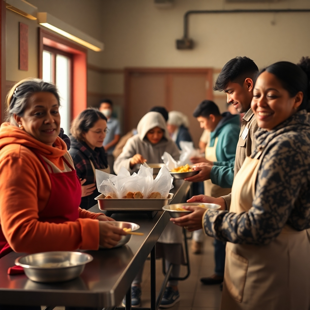 A photorealistic image depicting SOBA 1990 members volunteering at a local soup kitchen, serving meals to those in need. The scene should convey a sense of compassion and community spirit. Use warm, inviting lighting and a vibrant color palette. Style: Documentary photography. Technical specs: 4K resolution, high quality.