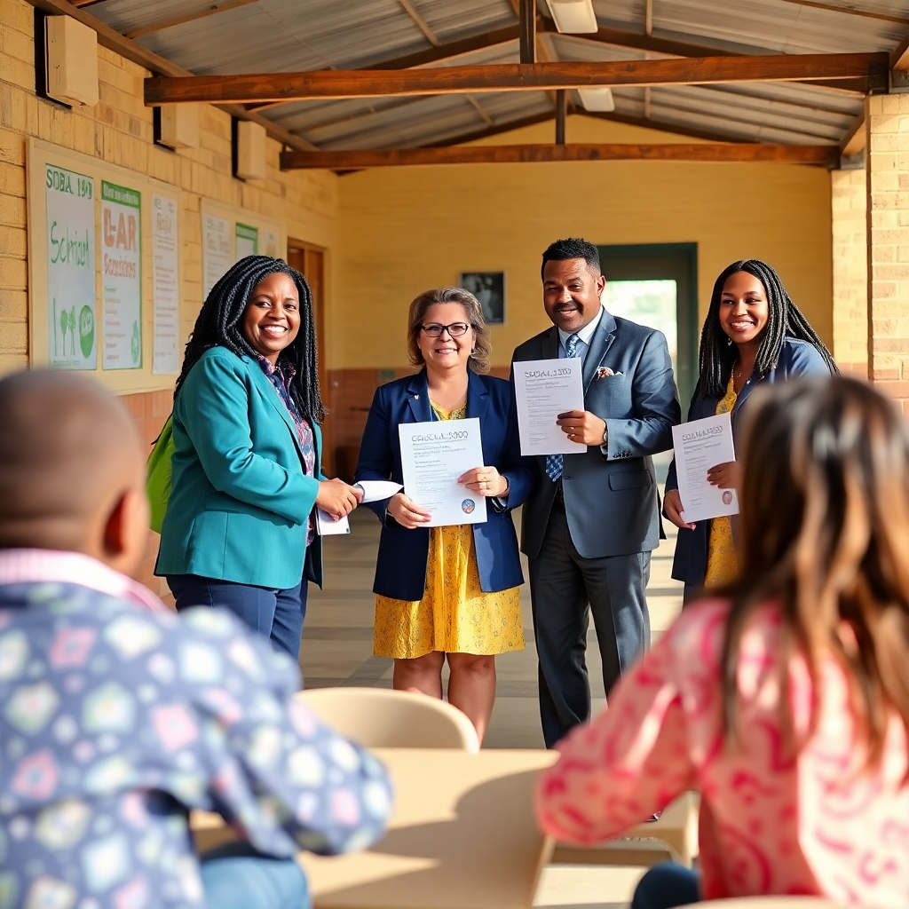 A photorealistic image depicting SOBA 1990 members awarding scholarships to deserving students at a local school. The scene should convey a sense of hope and opportunity. Use bright, optimistic lighting and a vibrant color palette. Style: Portrait photography. Technical specs: 4K resolution, high quality.