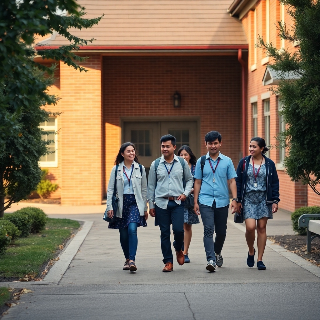 A photorealistic image depicting a group of SOBA 1990 members revisiting their old school. They are walking through the school grounds, reminiscing about their time there. Capture the nostalgia and the sense of connection to their alma mater. Use soft, warm lighting to evoke a sense of nostalgia. Style: Documentary photography. Technical specs: 4K resolution, high quality.