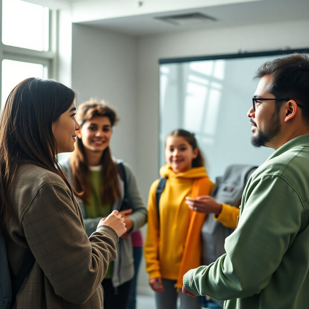 A photorealistic image depicting SOBA 1990 members giving a motivational talk to a group of young students. The scene should convey a sense of inspiration and mentorship. Use bright, optimistic lighting and a vibrant color palette. Style: Portrait photography. Technical specs: 4K resolution, high quality.