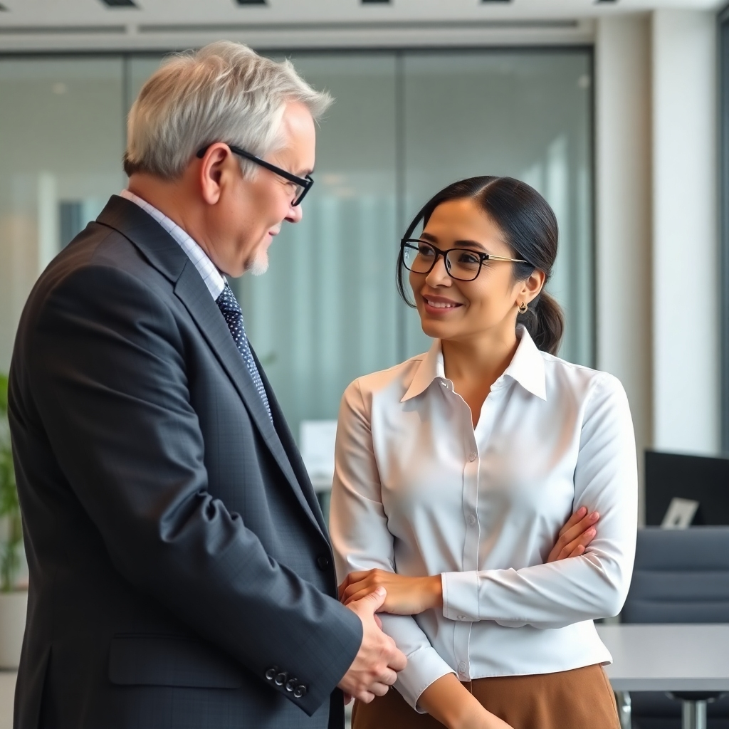 A photorealistic image depicting a SOBA 1990 member mentoring a young professional in a modern office setting. The scene should convey a sense of guidance and support. Use professional lighting and a neutral color palette. Style: Business photography. Technical specs: 4K resolution, high quality.