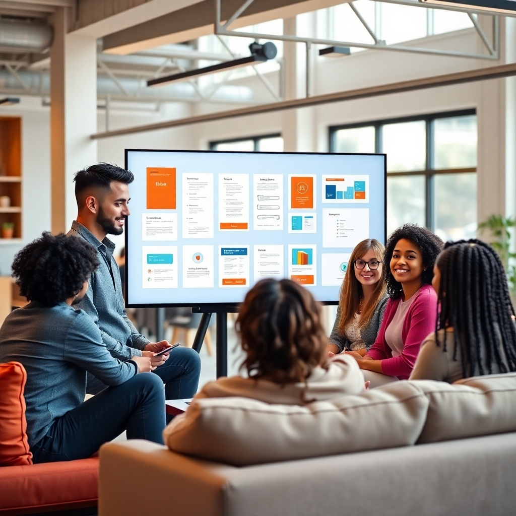 A photorealistic image of a diverse group of digital creators collaborating on a project. They are gathered around a large interactive screen displaying various digital products – ebooks, course outlines, design templates. The setting is a modern, open-plan office space with natural light streaming in. The color palette is warm and inviting, with pops of color from the digital displays. The camera angle is a medium shot, focusing on the creators' faces and their collaborative energy. Pay attention to the details – the textures of the furniture, the expressions on the creators' faces, and the clarity of the digital displays. The style is clean and professional, evoking a sense of innovation and community. 4K resolution, high quality.