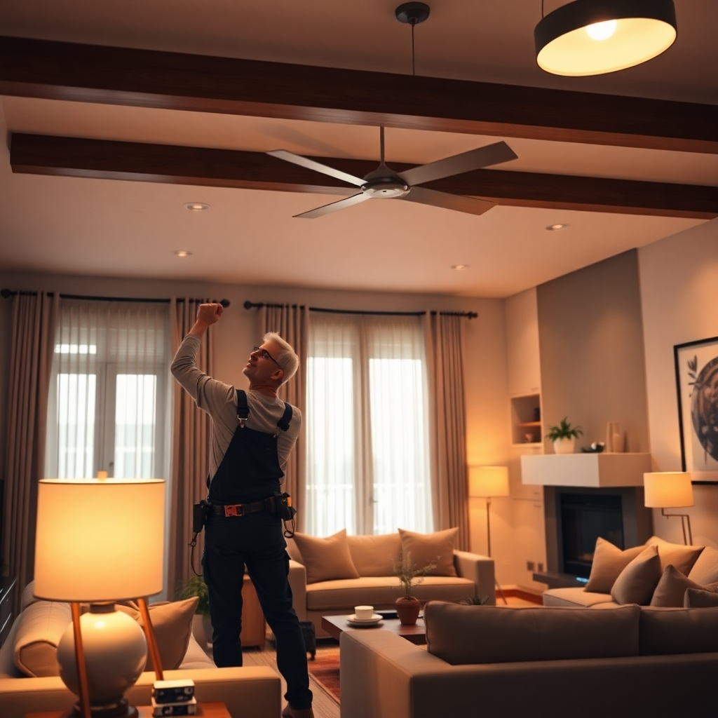 A photorealistic image of a modern, well-lit living room with an electrician safely installing a new smart lighting system. The lighting should be soft and inviting. The color palette should be warm and comforting. The camera angle is wide, capturing the entire room and the electrician at work. Texture details should showcase the quality of the furniture and lighting fixtures. The environment is a comfortable home. Props include smart home devices. The style should be modern and inviting.