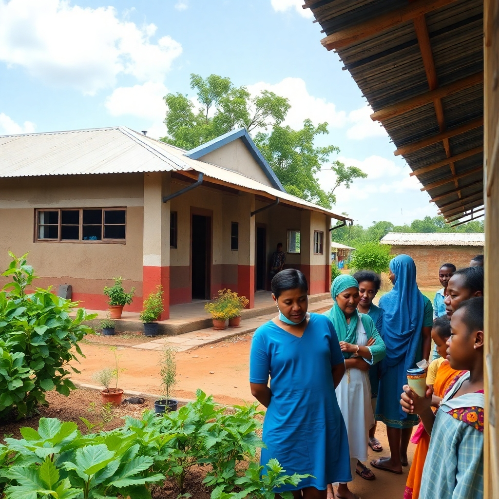 A photorealistic image showcasing the positive impact of SOBA 1990's service projects. The scene could depict a renovated school building, a community garden, or a group of people receiving medical care. The image should convey a sense of hope and progress. Use natural lighting and a vibrant color palette. Style: Documentary photography. Technical specs: 4K resolution, high quality.