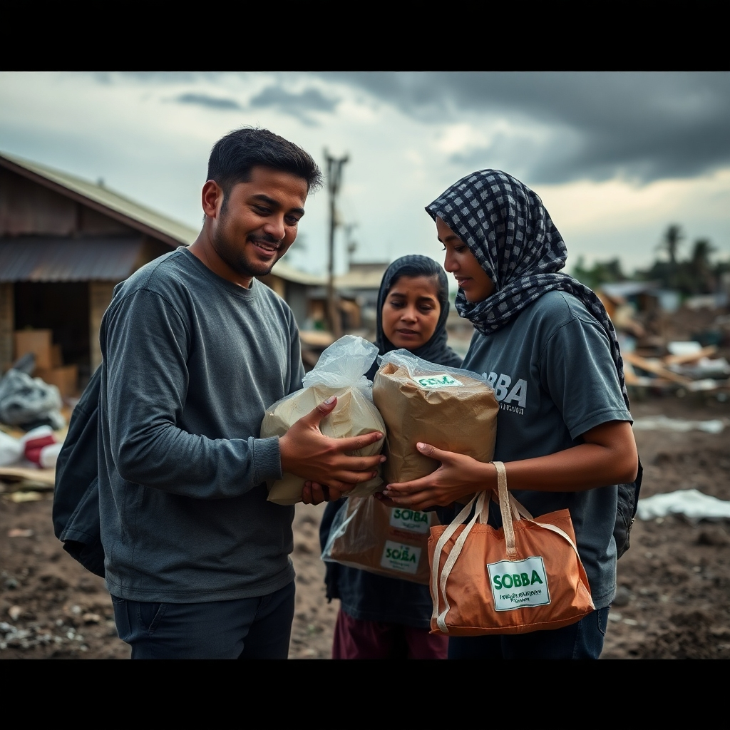 A photorealistic image showcasing SOBA 1990 members providing relief supplies to a community affected by a natural disaster. The image should convey a sense of compassion and solidarity. Use dramatic lighting and a muted color palette to emphasize the seriousness of the situation. Style: Photojournalism. Technical specs: 4K resolution, high quality.