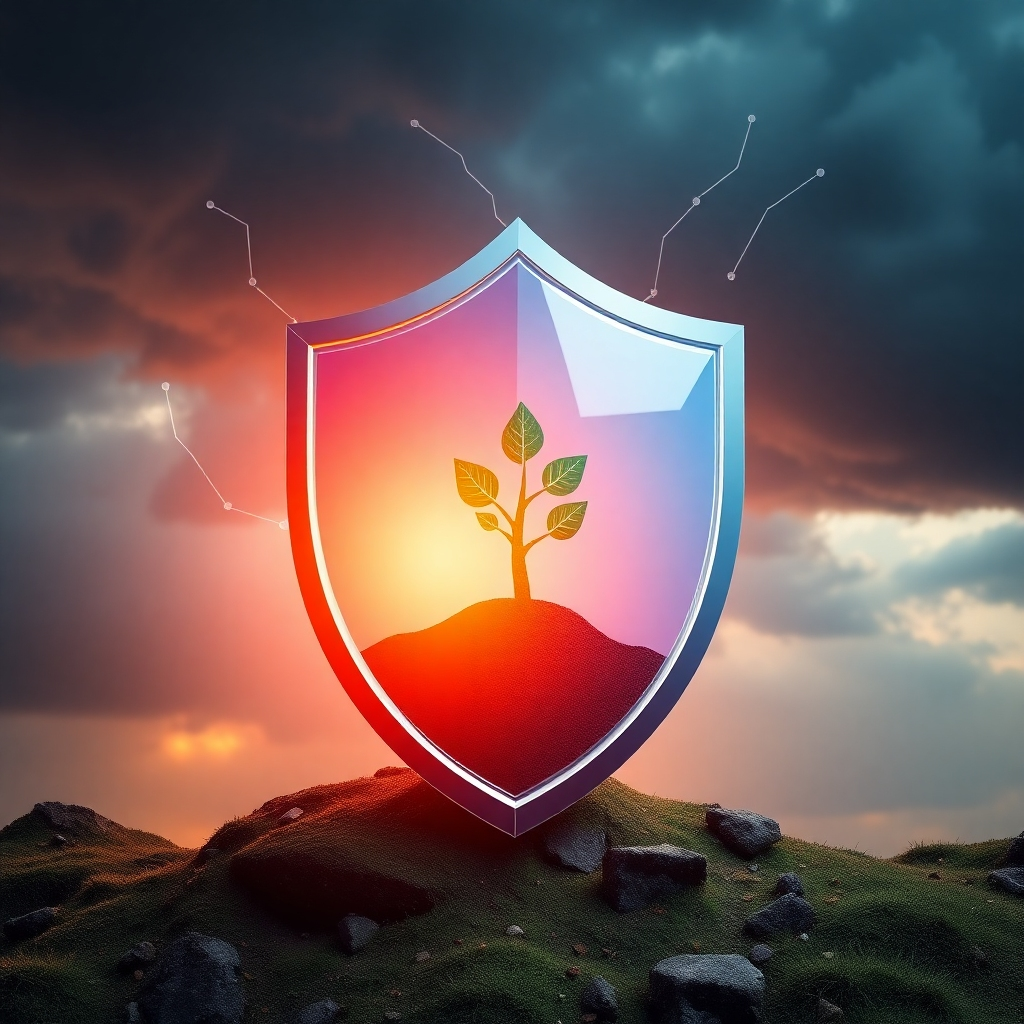 A shield protecting a growing business from financial storms. Use a symbolic representation with contrasting colors to illustrate risk reduction and stability.