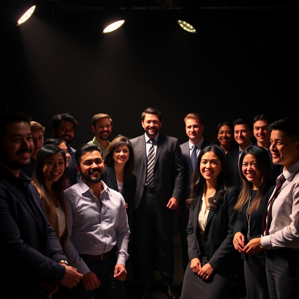 A spotlight illuminating a diverse pool of talented accounting professionals. Use dynamic lighting to highlight the talent and potential of the candidates.