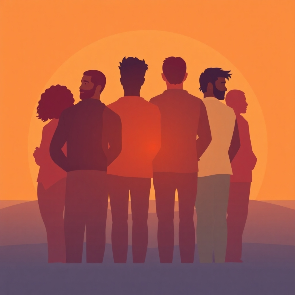 A stylized image representing the enduring bond of brotherhood. Depict a group of diverse men standing together, their silhouettes merging into one another, symbolizing their unity. Use a warm, inviting color palette. Style: Abstract illustration. Technical specs: 4K resolution, high quality.