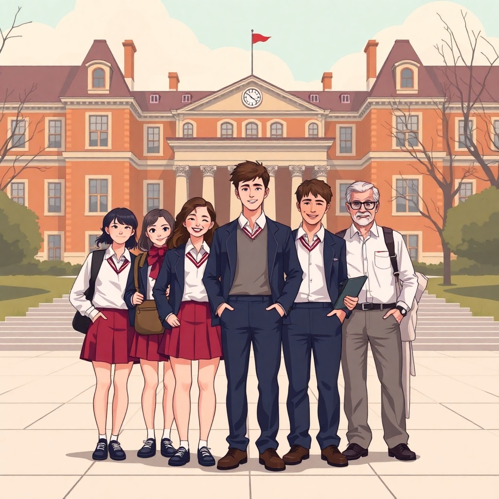 A stylized image representing the strong foundation of shared experiences. Depict a group of young students in school uniform, standing together in front of the iconic building of the college. The background subtly shows the evolution of the same group into older, accomplished men, symbolizing the passage of time and enduring camaraderie. Use a warm, nostalgic color palette. Style: Illustration with a subtle retro feel. Technical specs: 4K resolution, high quality.