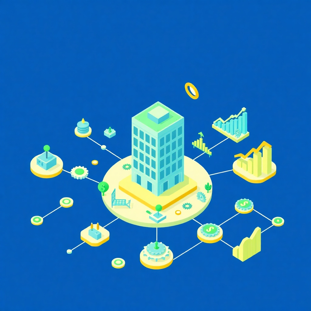 A stylized, isometric illustration depicting a thriving business ecosystem. In the center, a building representing Ngayap Systems anchors the scene. Surrounding it are various elements symbolizing the services offered: interconnected networks for staff placements, gears representing business management, and rising graphs indicating financial success. The color palette is bright and modern, using shades of blue, green, and yellow. The overall scene conveys a sense of interconnectedness, growth, and reliability. Focus on clean lines, geometric shapes, and a slightly elevated perspective to showcase the entire ecosystem. Style: Modern, minimalist illustration with a focus on conveying complex information in a simple and engaging manner. Technical specs: 4K resolution, high quality.