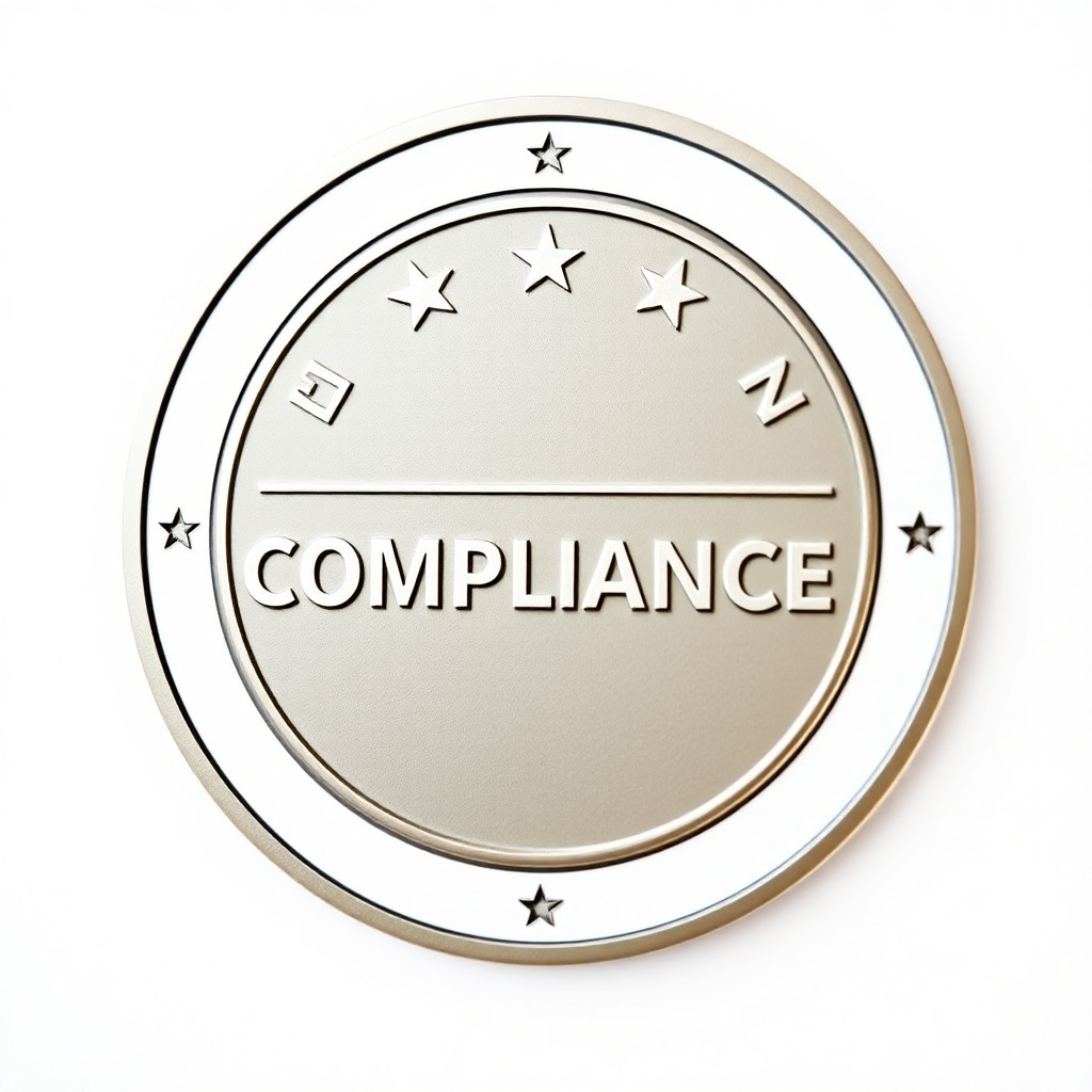 A symbol of compliance, such as a seal of approval, representing adherence to regulations. Use a professional and trustworthy style.