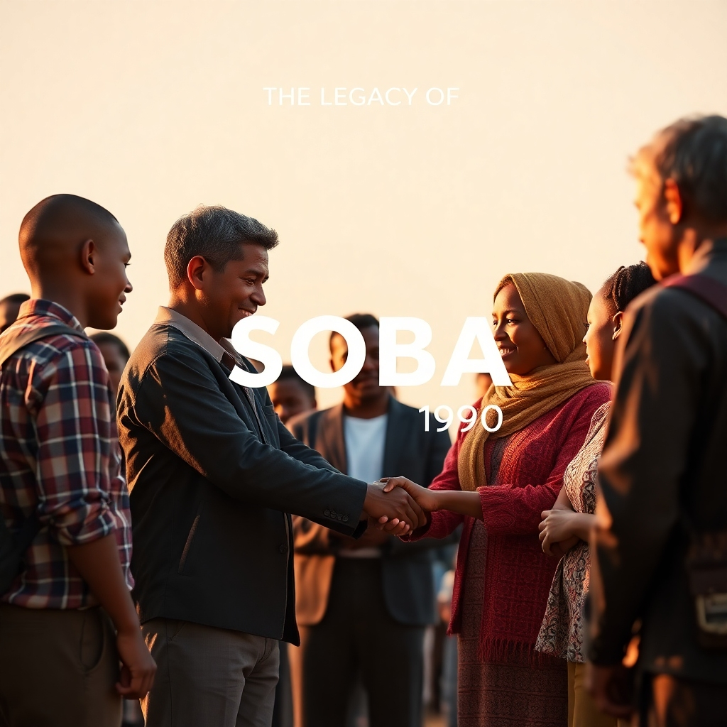 A symbolic image representing the legacy of SOBA 1990. The scene could depict a group of young people receiving mentorship or guidance from older SOBA 1990 members, symbolizing the transfer of knowledge and values. The image should convey a sense of hope and inspiration. Use soft, warm lighting and a vibrant color palette. Style: Conceptual photography. Technical specs: 4K resolution, high quality.