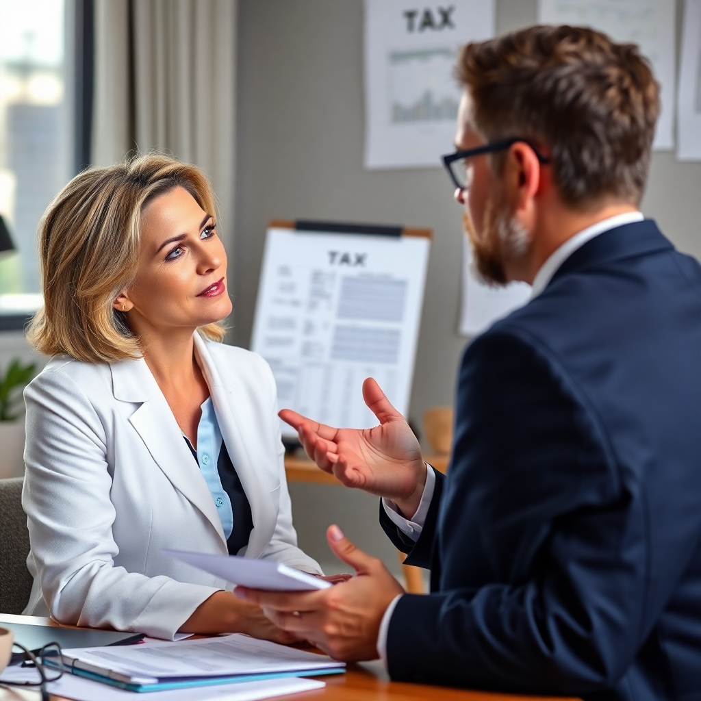  A tax advisor providing expert advice to a client, with tax documents in the background. Use a photorealistic and trustworthy style.