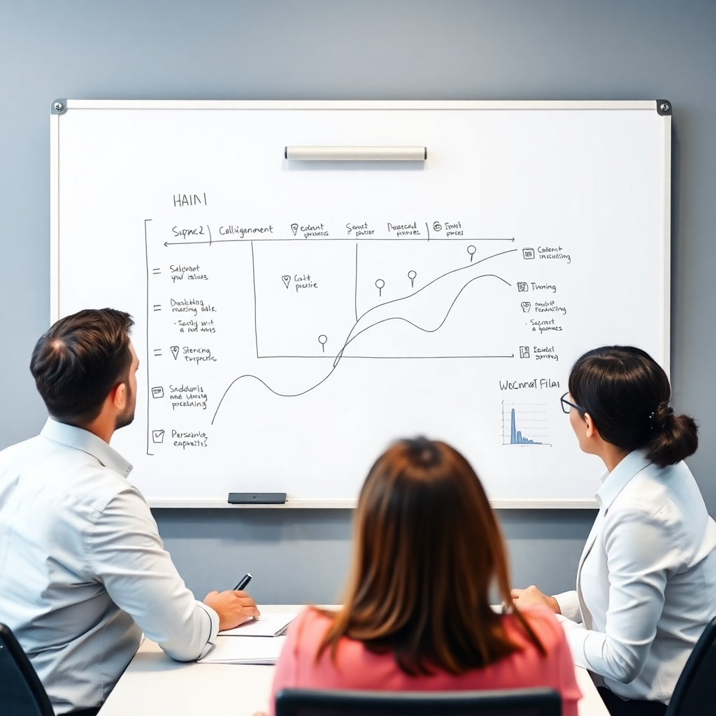 A team of professionals developing a strategic plan, with a roadmap on a whiteboard. Use a collaborative and professional style.